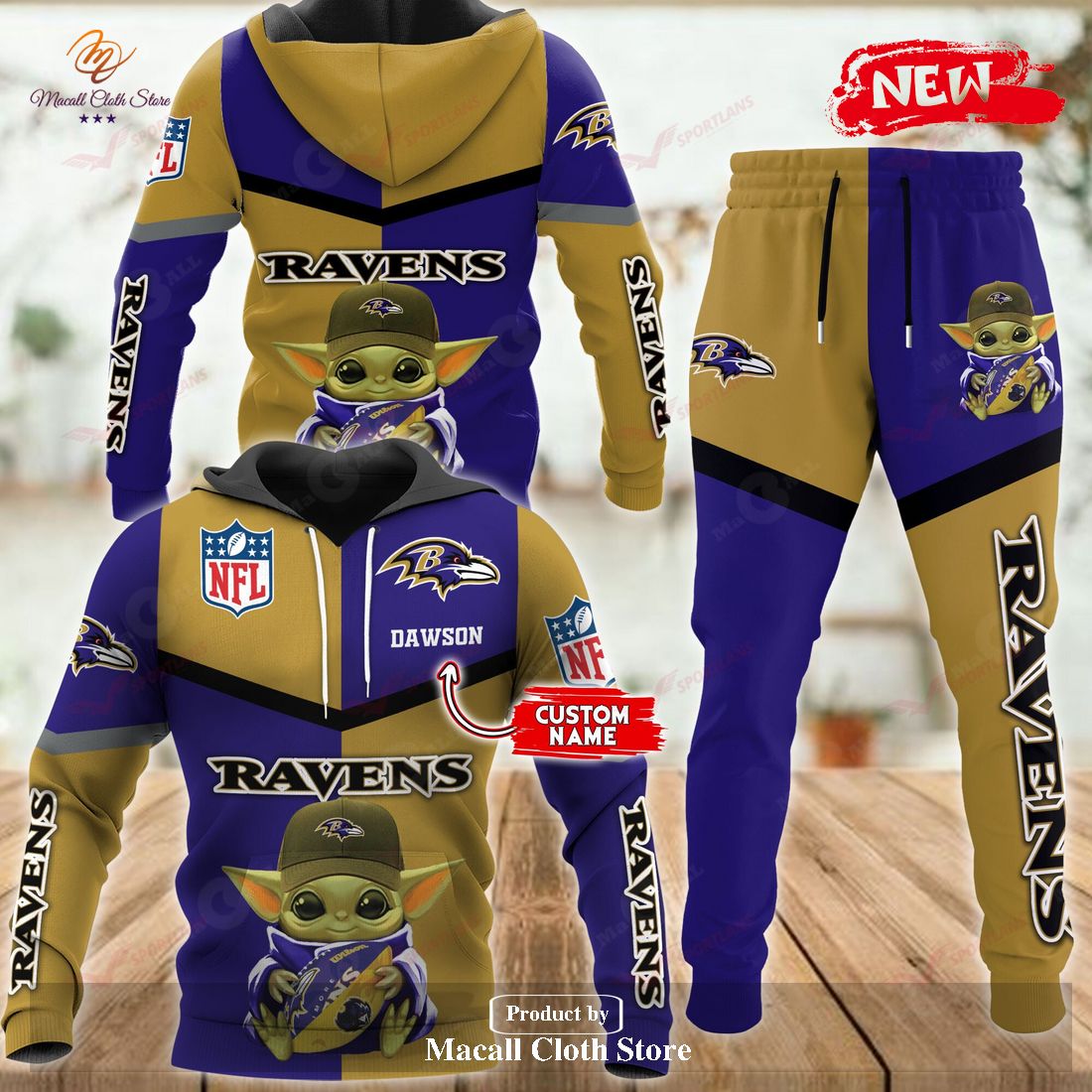 Personalized Name Baltimore Ravens NFL Baby Yoda Sports Hoodie Sweatshirt 3D