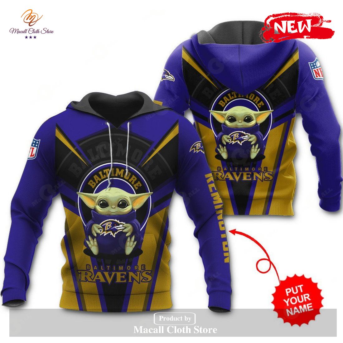Personalized Name Baltimore Ravens NFL New Baby Yoda Sports Hoodie Sweatshirt 3D