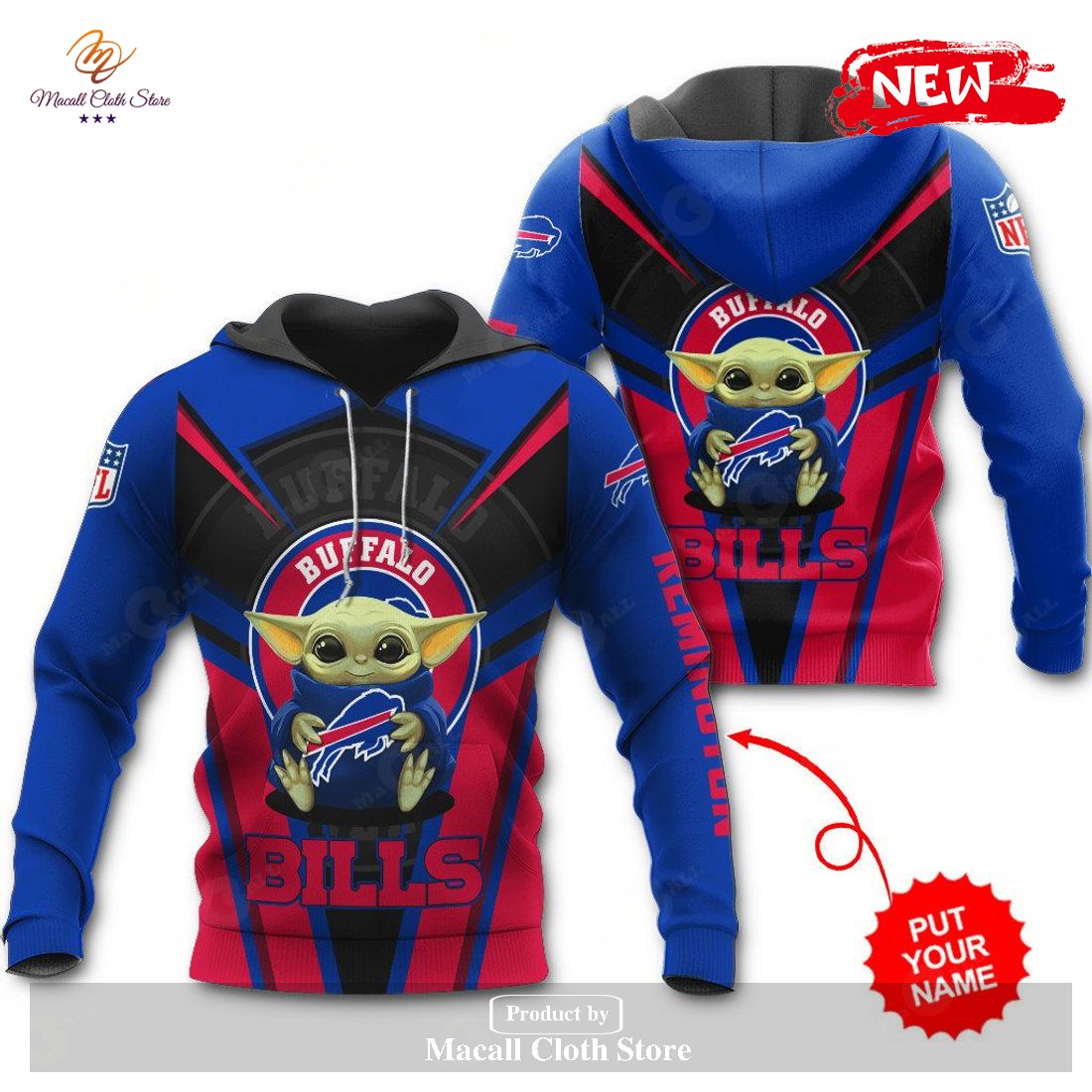 Personalized Name Buffalo Bills NFL New Baby Yoda Sports Hoodie Sweatshirt 3D