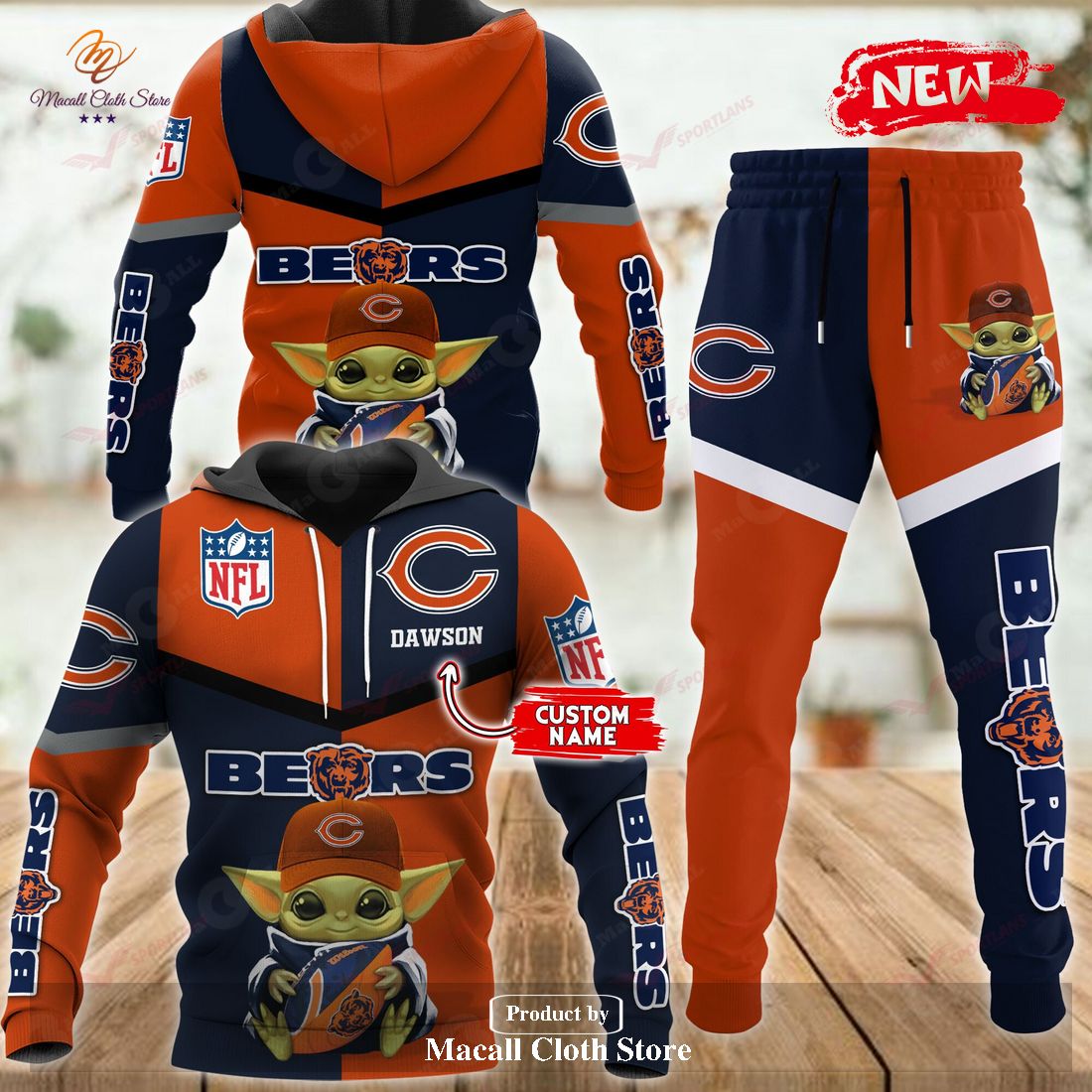 Personalized Name Chicago Bears NFL Baby Yoda Sports Hoodie Sweatshirt 3D