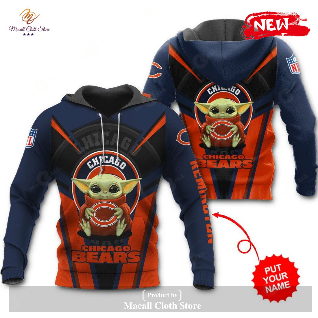 Personalized Name Chicago Bears NFL New Baby Yoda Sports Hoodie Sweatshirt 3D