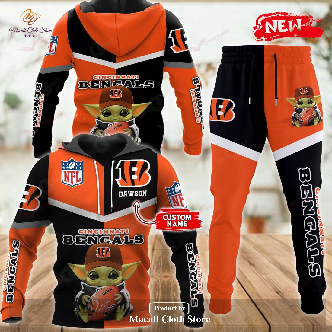 Personalized Name Cincinnati Bengals NFL Baby Yoda Sports Hoodie Sweatshirt 3D