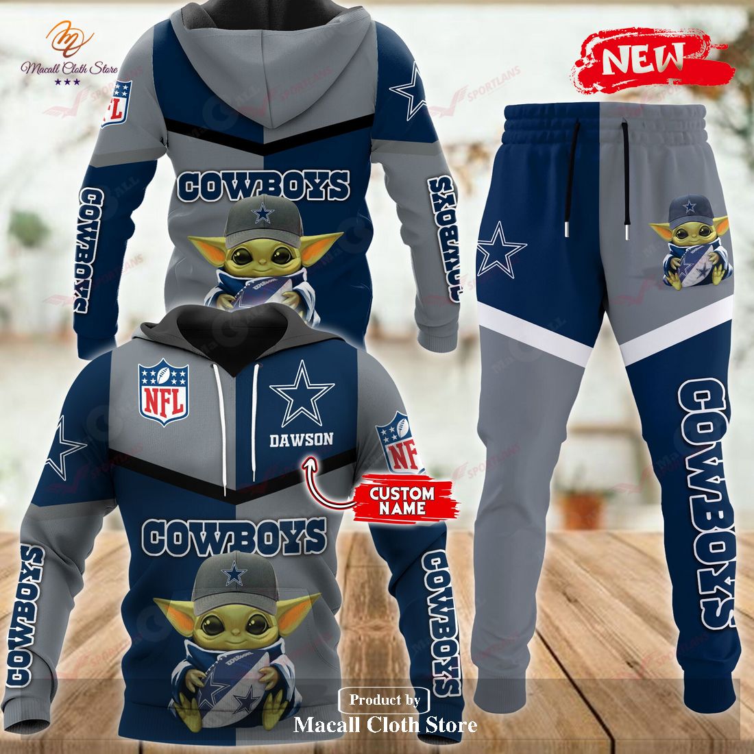 Personalized Name Dallas Cowboys NFL Baby Yoda Sports Hoodie Sweatshirt 3D