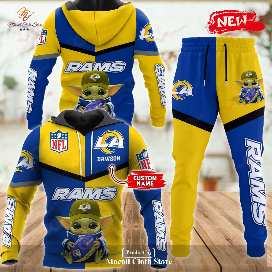 Personalized Name Los Angeles Rams NFL Baby Yoda Sports Hoodie Sweatshirt 3D
