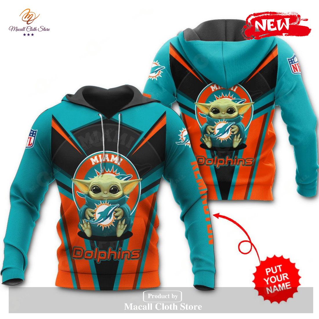 Personalized Name Miami Dolphins NFL New Baby Yoda Sports Hoodie Sweatshirt 3D