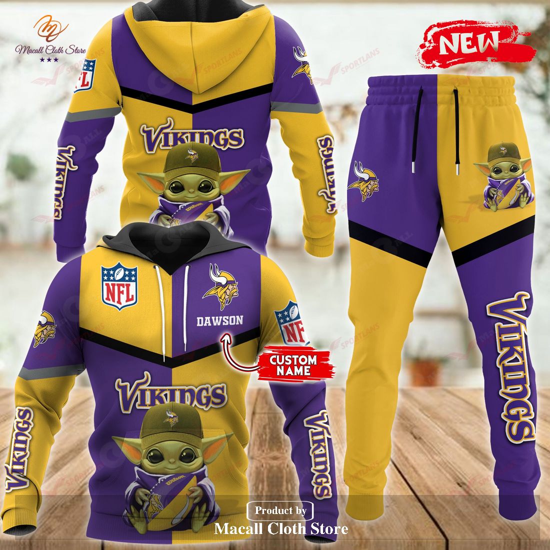 Personalized Name Minnesota Vikings NFL Baby Yoda Sports Hoodie Sweatshirt 3D