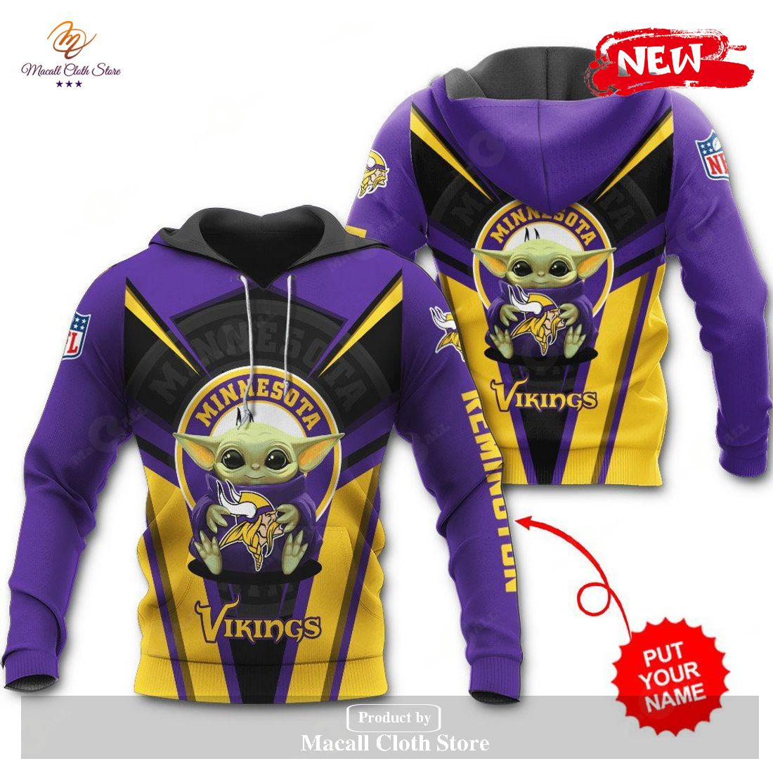 Personalized Name Minnesota Vikings NFL New Baby Yoda Sports Hoodie Sweatshirt 3D