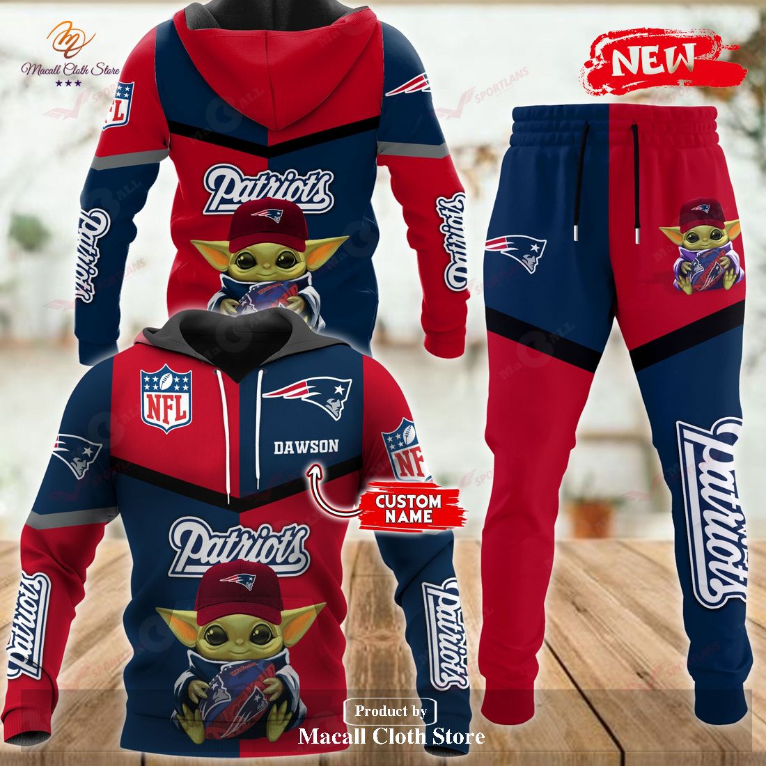 Personalized Name New England Patriots NFL Baby Yoda Sports Hoodie Sweatshirt 3D