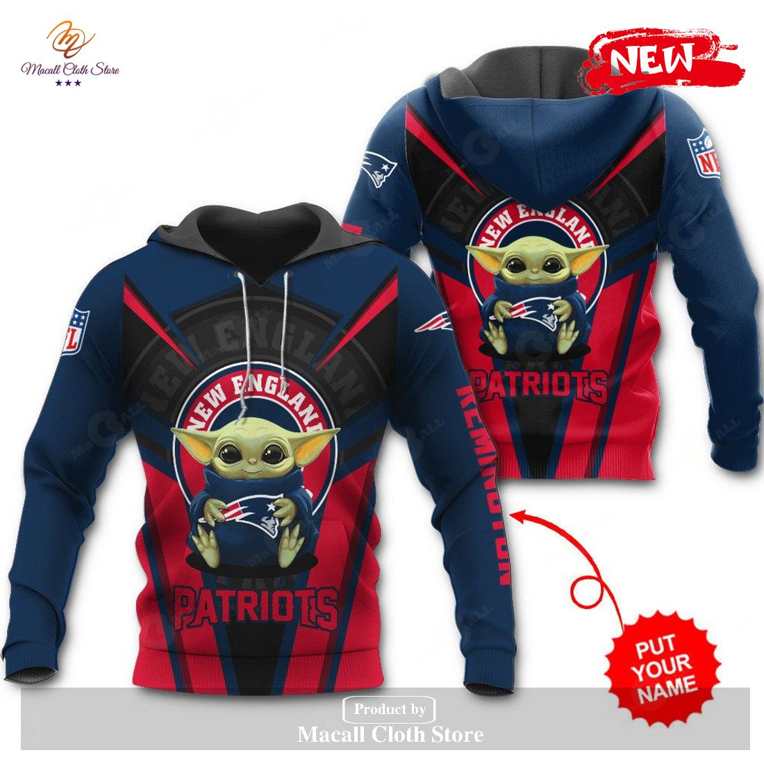 Personalized Name New England Patriots NFL New Baby Yoda Sports Hoodie Sweatshirt 3D