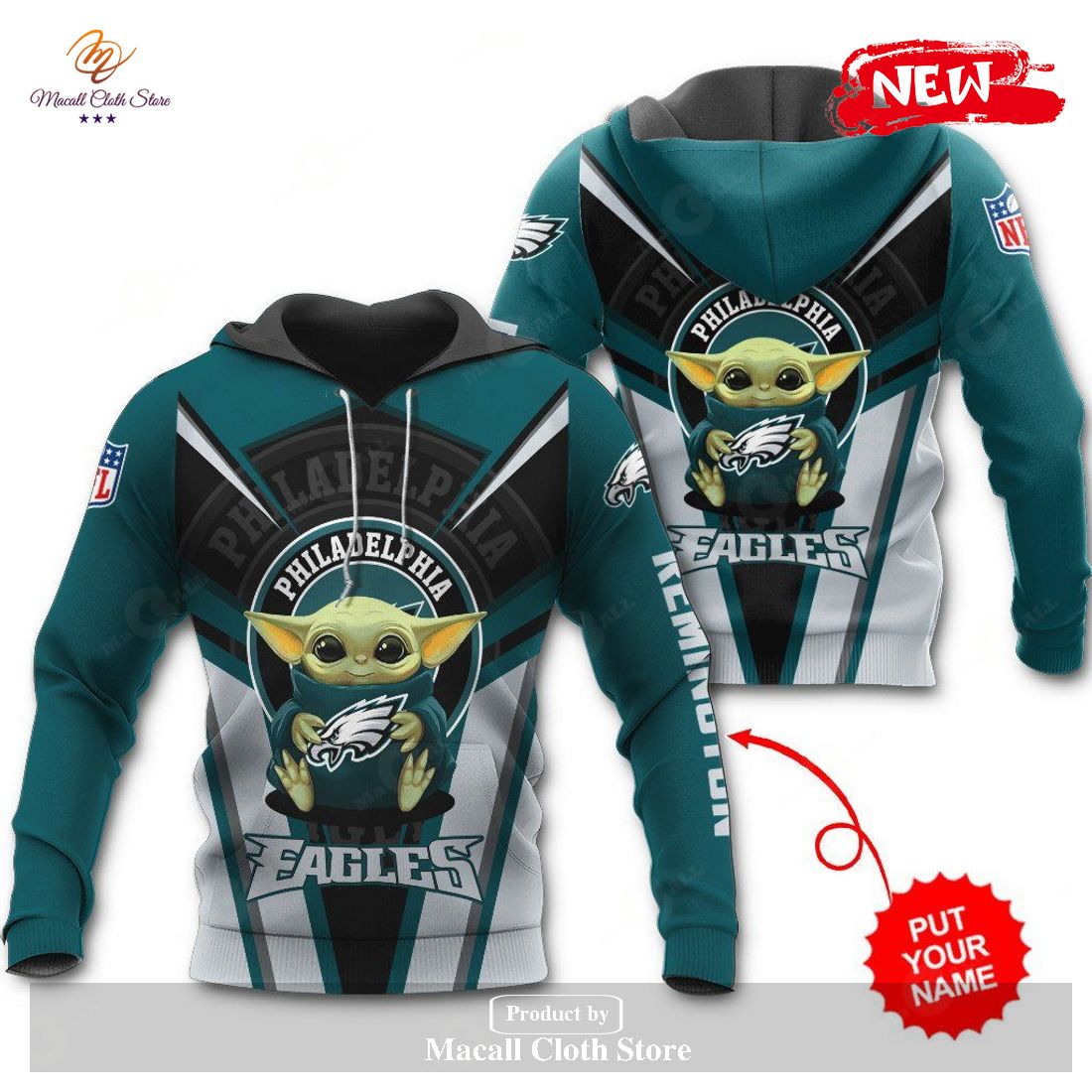 Personalized Name Philadelphia Eagles NFL New Baby Yoda Sports Hoodie Sweatshirt 3D