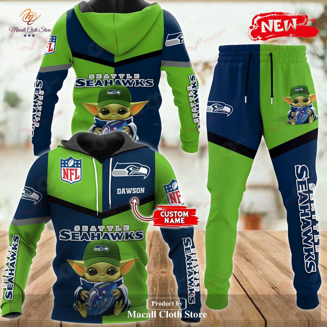 Personalized Name Seattle Seahawks NFL Baby Yoda Sports Hoodie Sweatshirt 3D