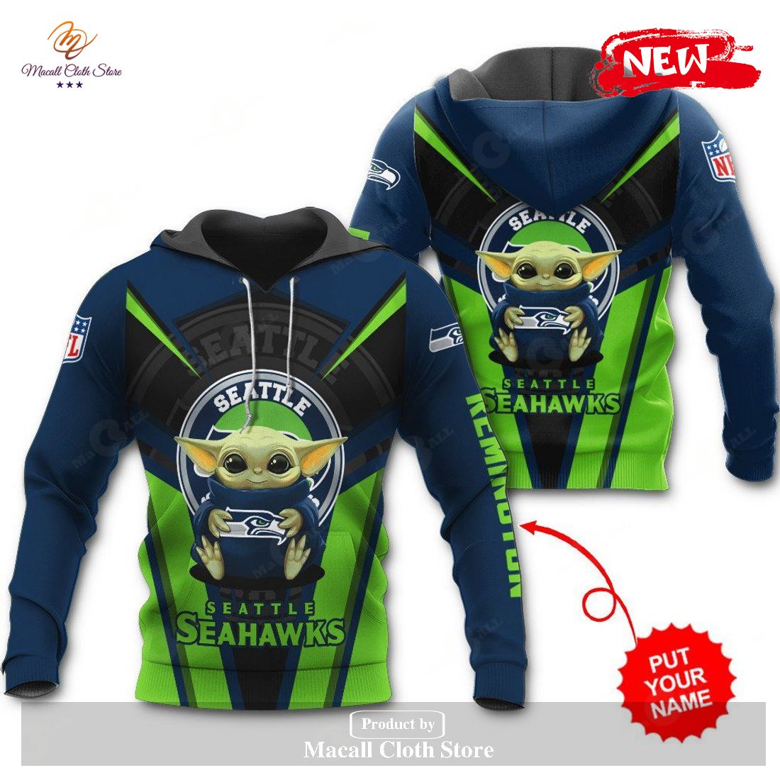Personalized Name Seattle Seahawks NFL New Baby Yoda Sports Hoodie Sweatshirt 3D