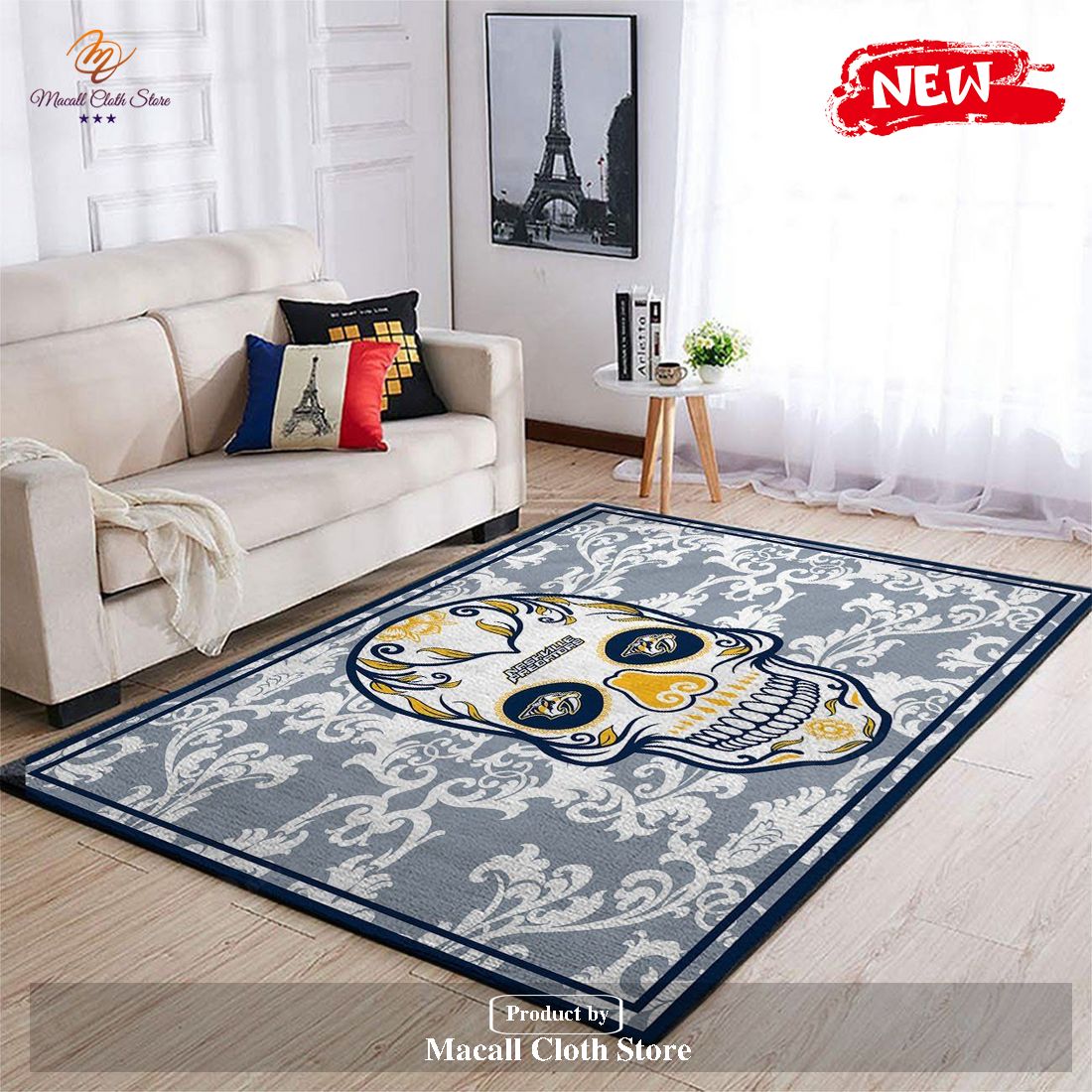 Nashville Predators NHL Team Logo Skull Flower Style Nice Gift Home Decor Rectangle Area Rug – Indoor Outdoor Rugs