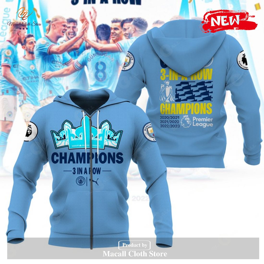 Premier League Champions Manchester City 3 In A Row 2023 Hoodie Sweatshirt 3D