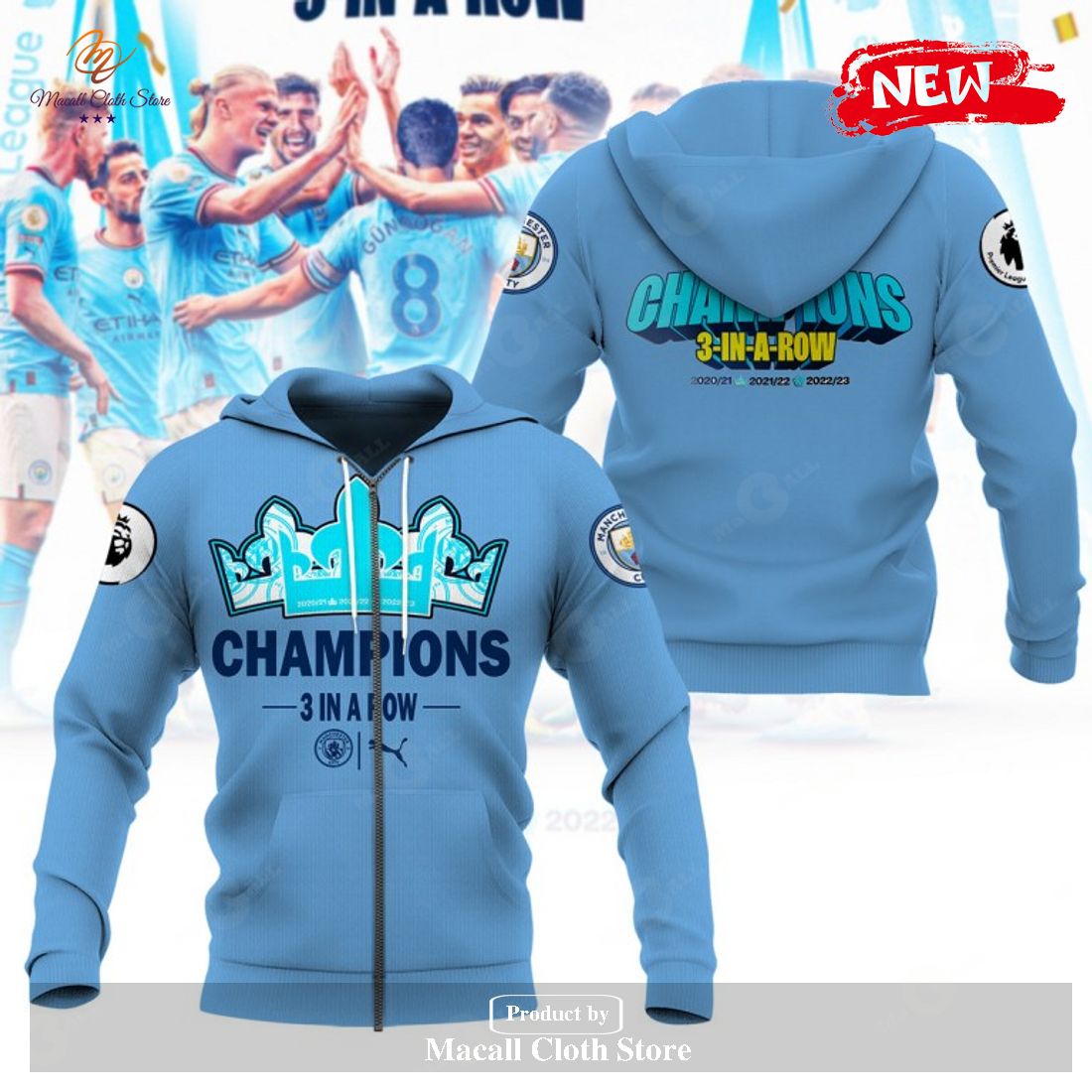 Premier League Champions Manchester City 3 In A Row 2023 V1 Hoodie Sweatshirt 3D