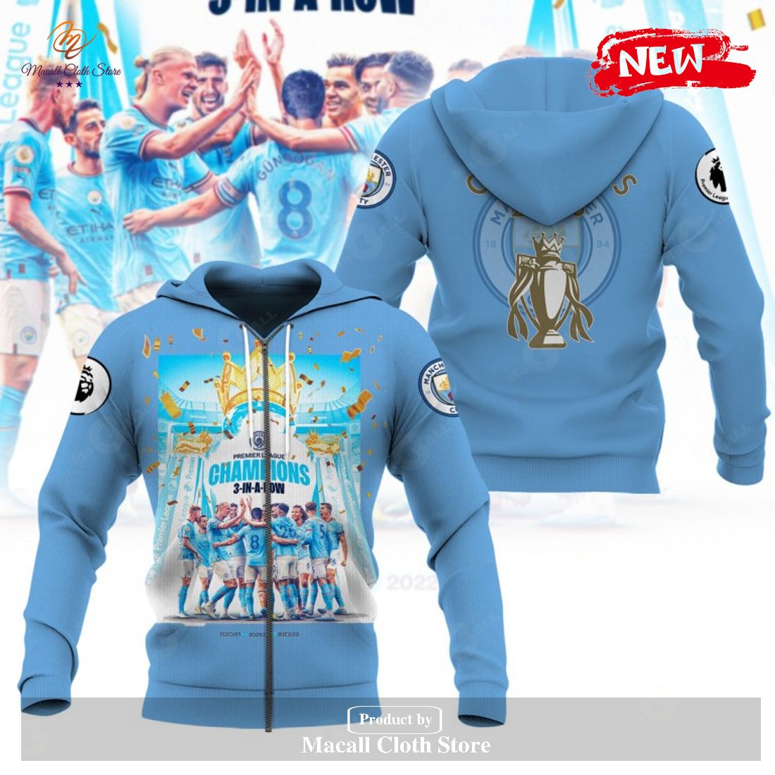 Premier League Champions Manchester City 3 In A Row 2023 V12 Hoodie Sweatshirt 3D