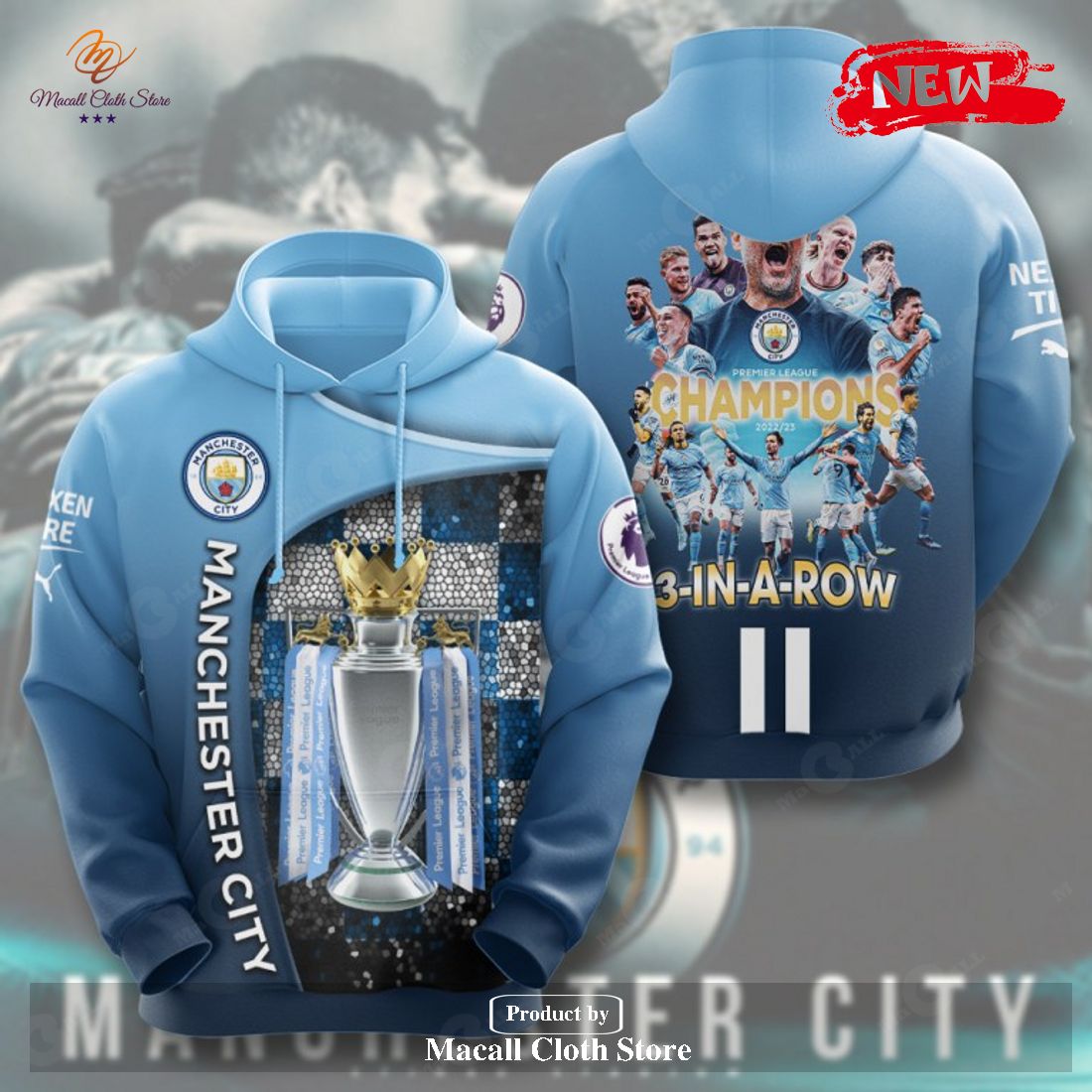 Premier League Champions Manchester City 3 In A Row 2023 V14 Hoodie Sweatshirt 3D