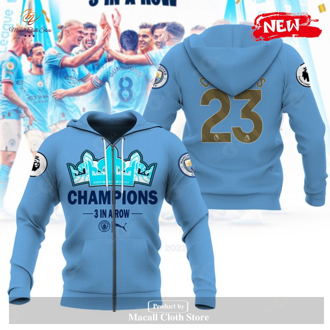 Premier League Champions Manchester City 3 In A Row 2023 V3 Hoodie Sweatshirt 3D