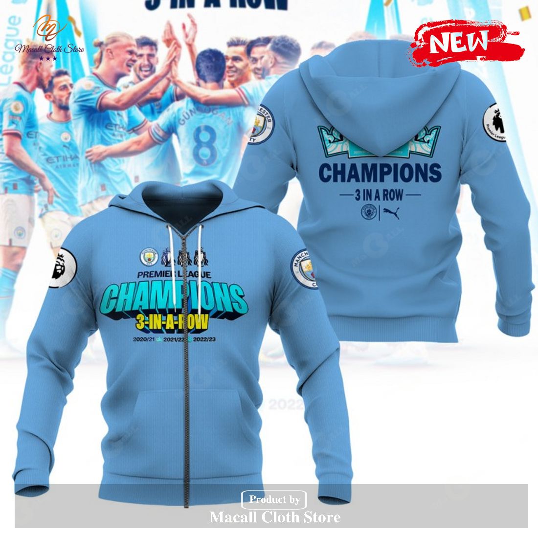 Premier League Champions Manchester City 3 In A Row 2023 V4 Hoodie Sweatshirt 3D