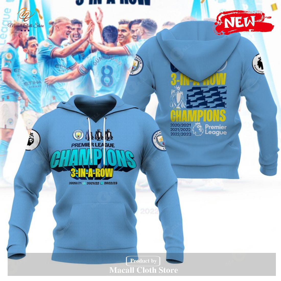 Premier League Champions Manchester City 3 In A Row 2023 V7 Hoodie Sweatshirt 3D