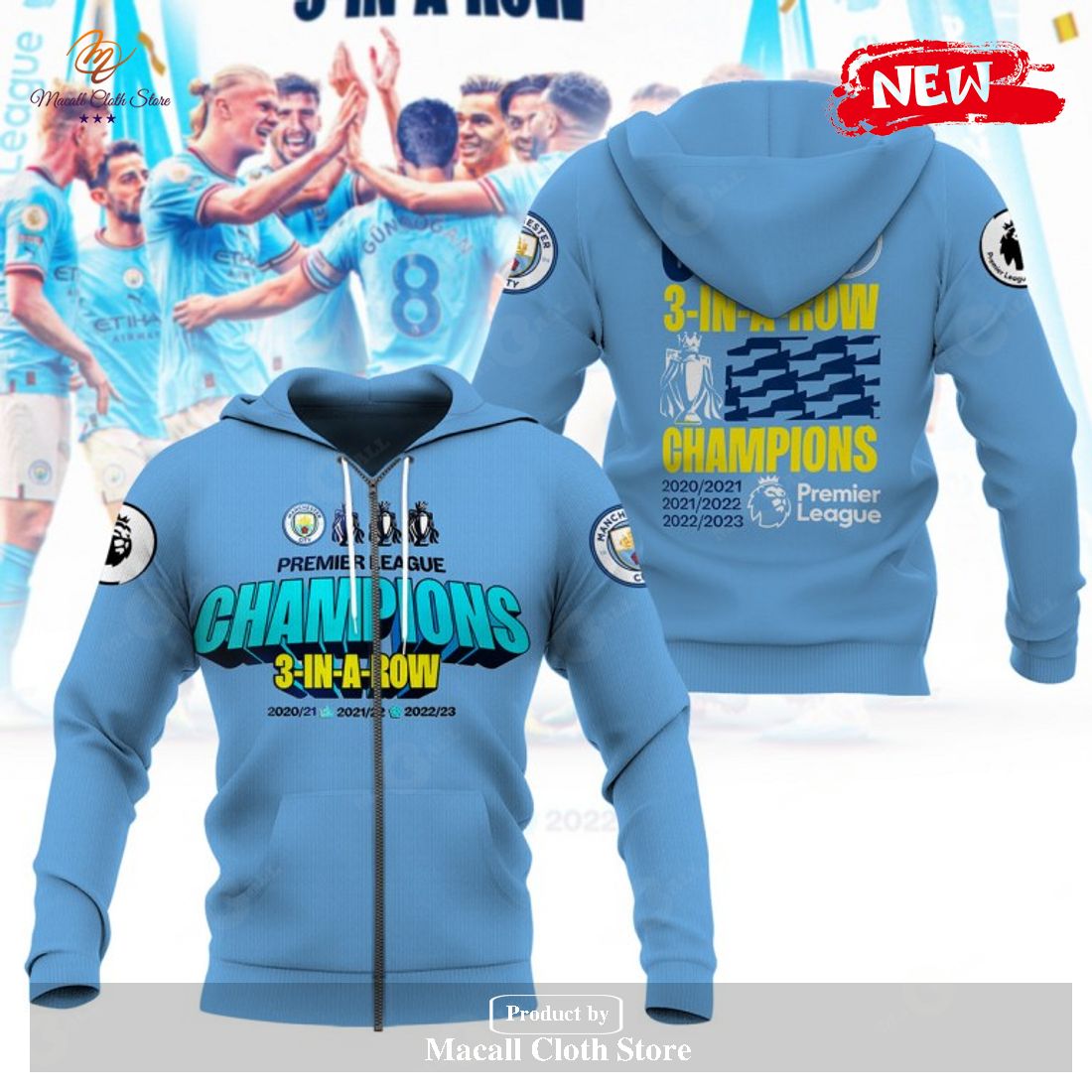 Premier League Champions Manchester City 3 In A Row 2023 V7 Hoodie Sweatshirt 3D