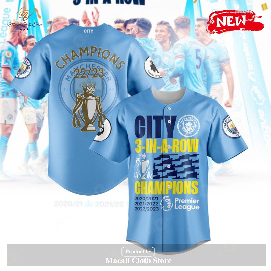 Premier League Champions Manchester City 3 In A Row 2023 V9 Jersey Shirt