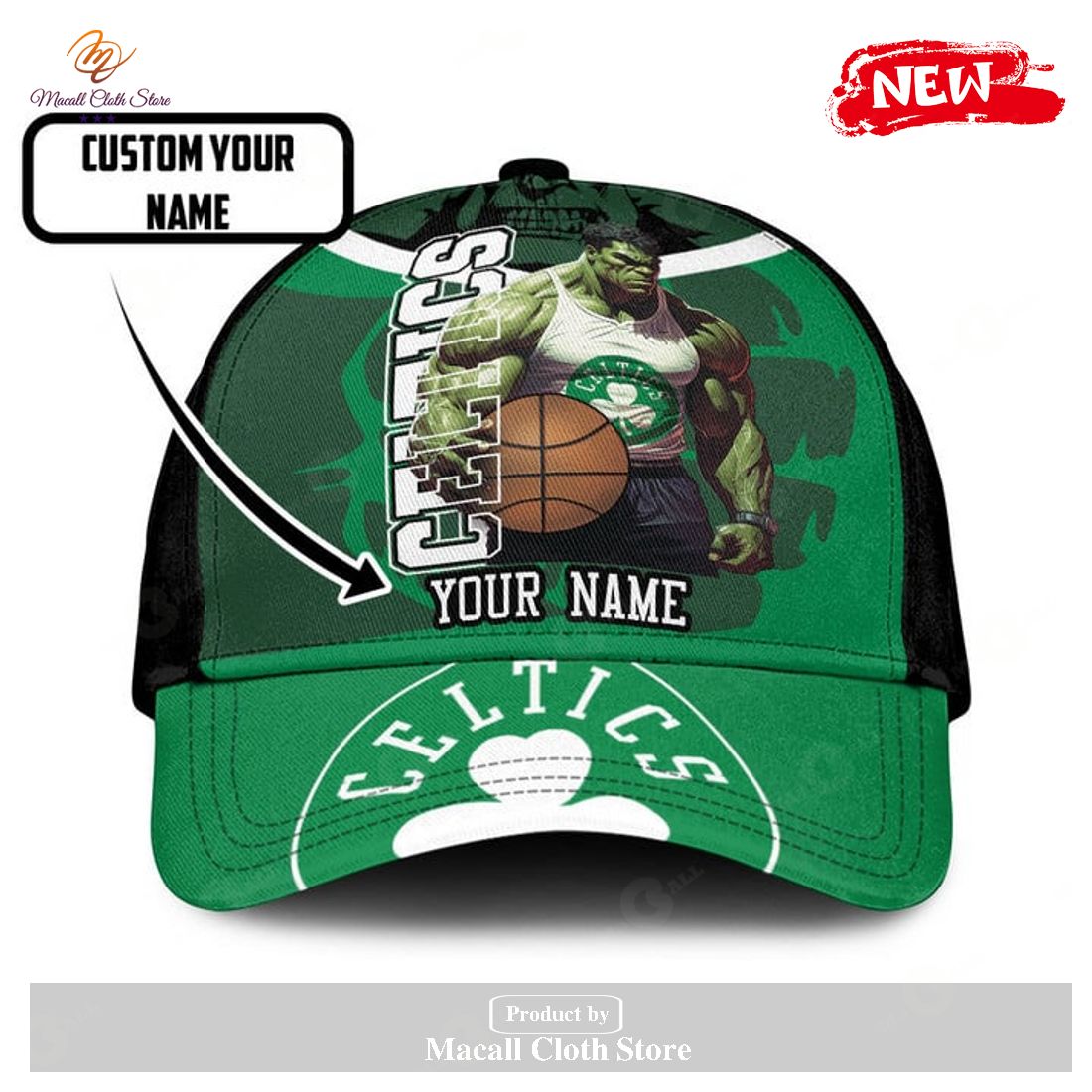 Personalized Name NBA Boston Celtics Hulk Pattern Print Basketball Classic Cap