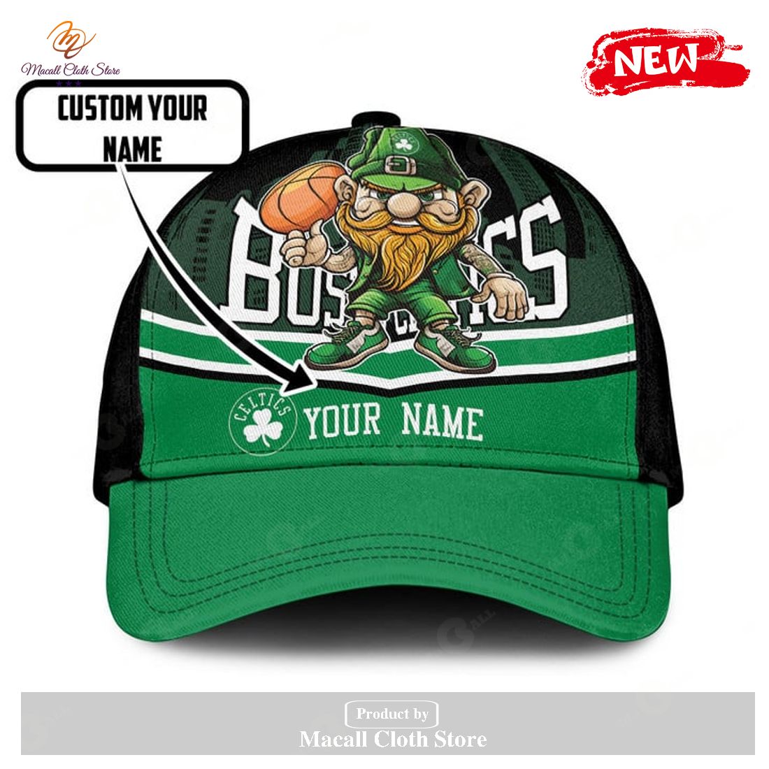 Personalized Name NBA Boston Celtics Lucky The Leprechaun Pattern Print Basketball Classic Cap