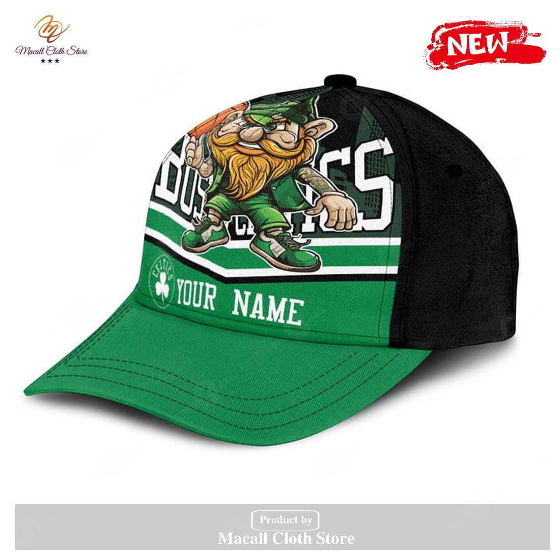 Personalized Name NBA Boston Celtics Lucky The Leprechaun Pattern Print Basketball Classic Cap