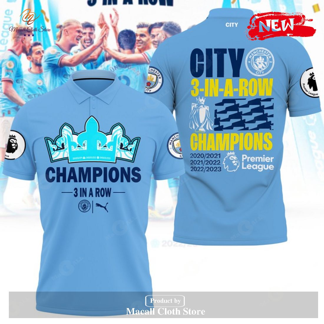 Premier League Champions Manchester City 3 In A Row 2023 Polo Shirt Premier League Champions Manchester City 3 In A Row 2023 Polo Shirt