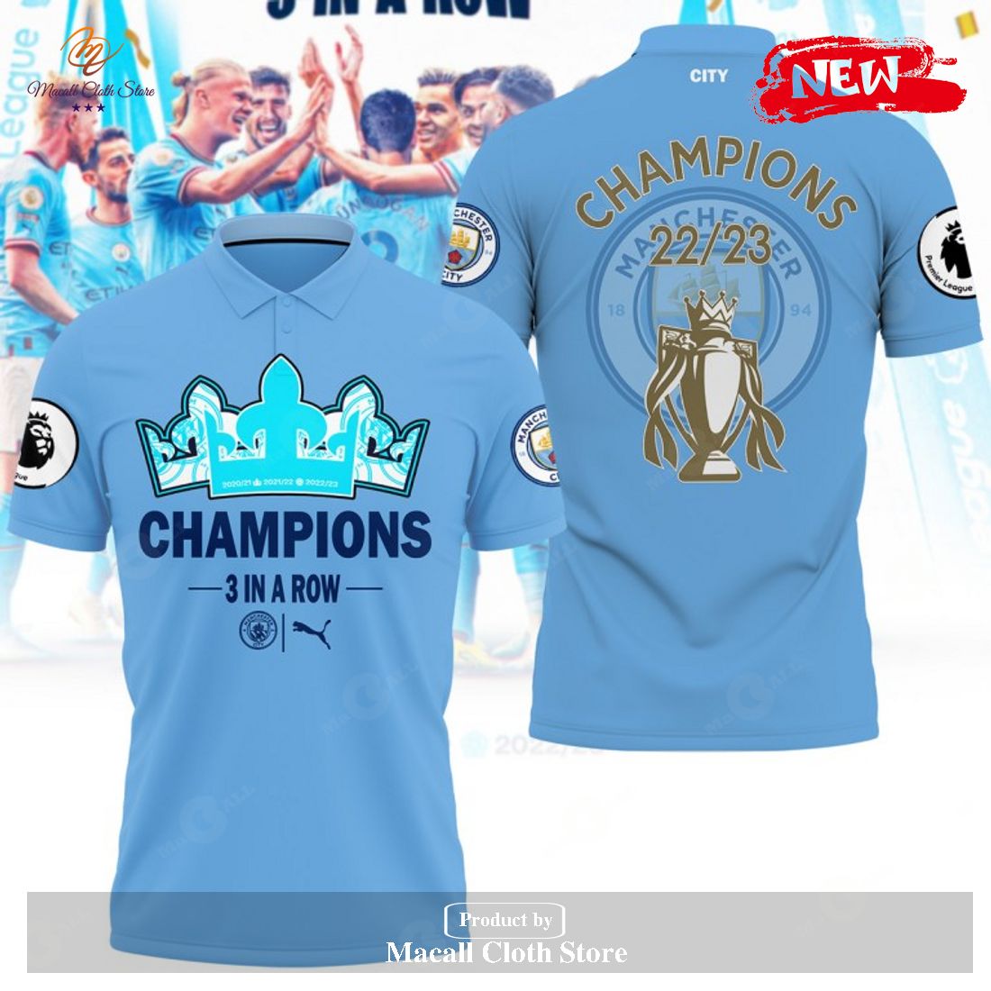 Premier League Champions Manchester City 3 In A Row 2023 V2 Polo Shirt Premier League Champions Manchester City 3 In A Row 2023 V2 Polo Shirt