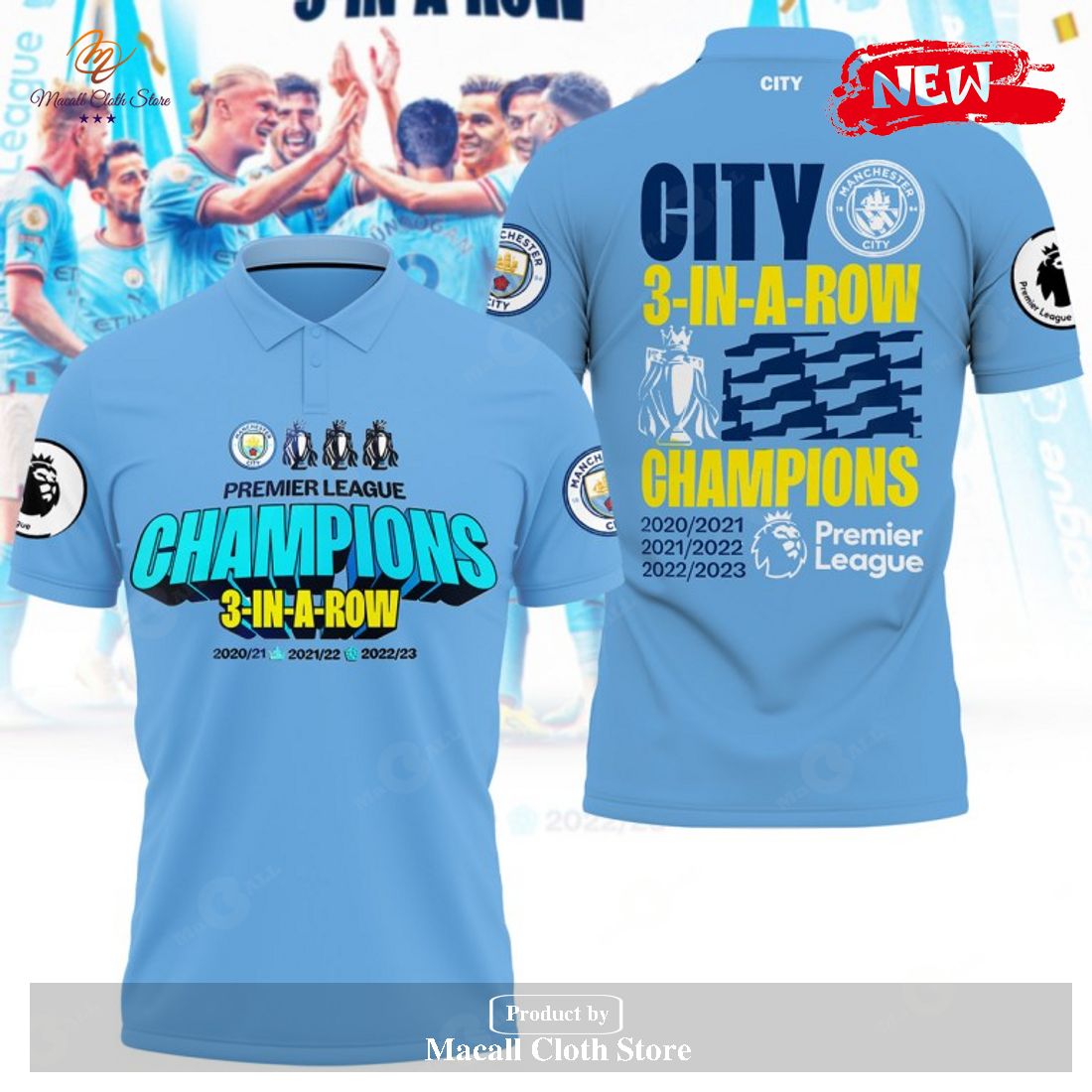 Premier League Champions Manchester City 3 In A Row 2023 V7 Polo Shirt Premier League Champions Manchester City 3 In A Row 2023 V7 Polo Shirt