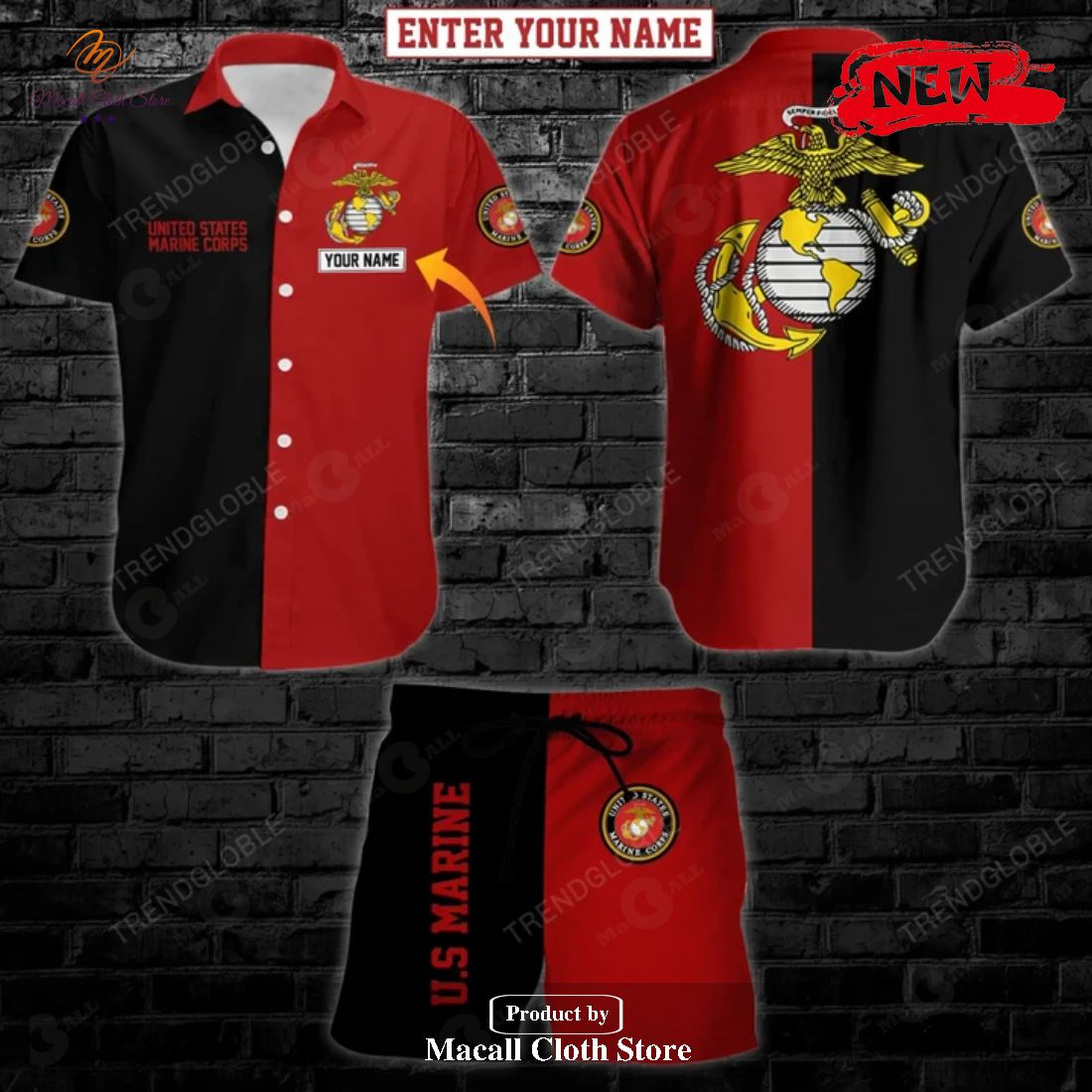 Personalized Name US Marine Mix Black Red Design Hawaiian Shirt and Short