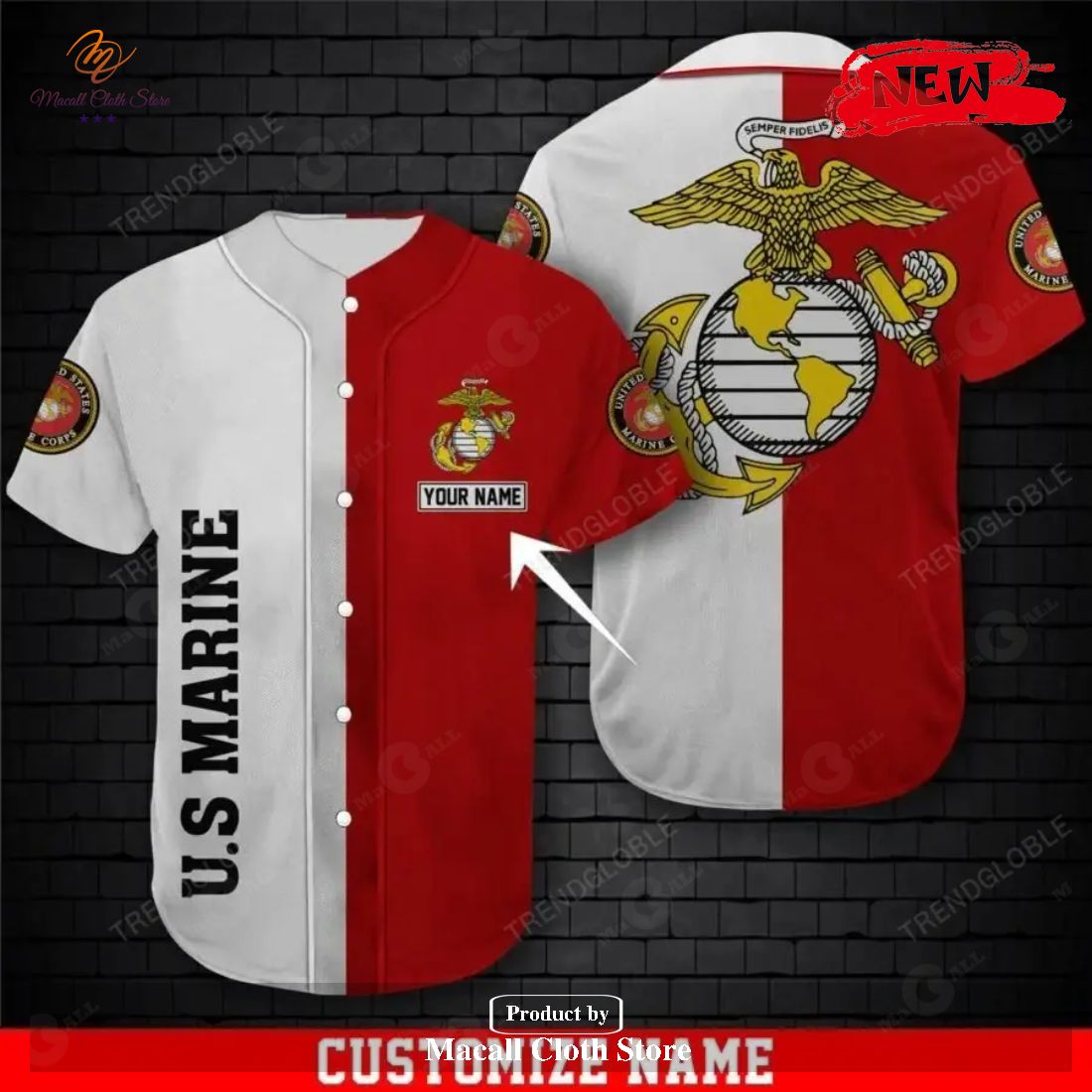 Personalized Name US Marine Mix Red White Design Baseball Jersey Shirt