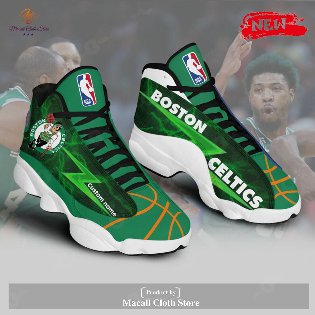 Personalized NBA Boston Celtics Sports Lightning Design Air Jordan 13 Sneakers Shoes POD Design