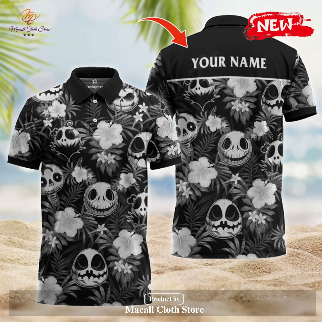 Personalized Name Flower Tropical Jack Skellington Black Polo Shirt