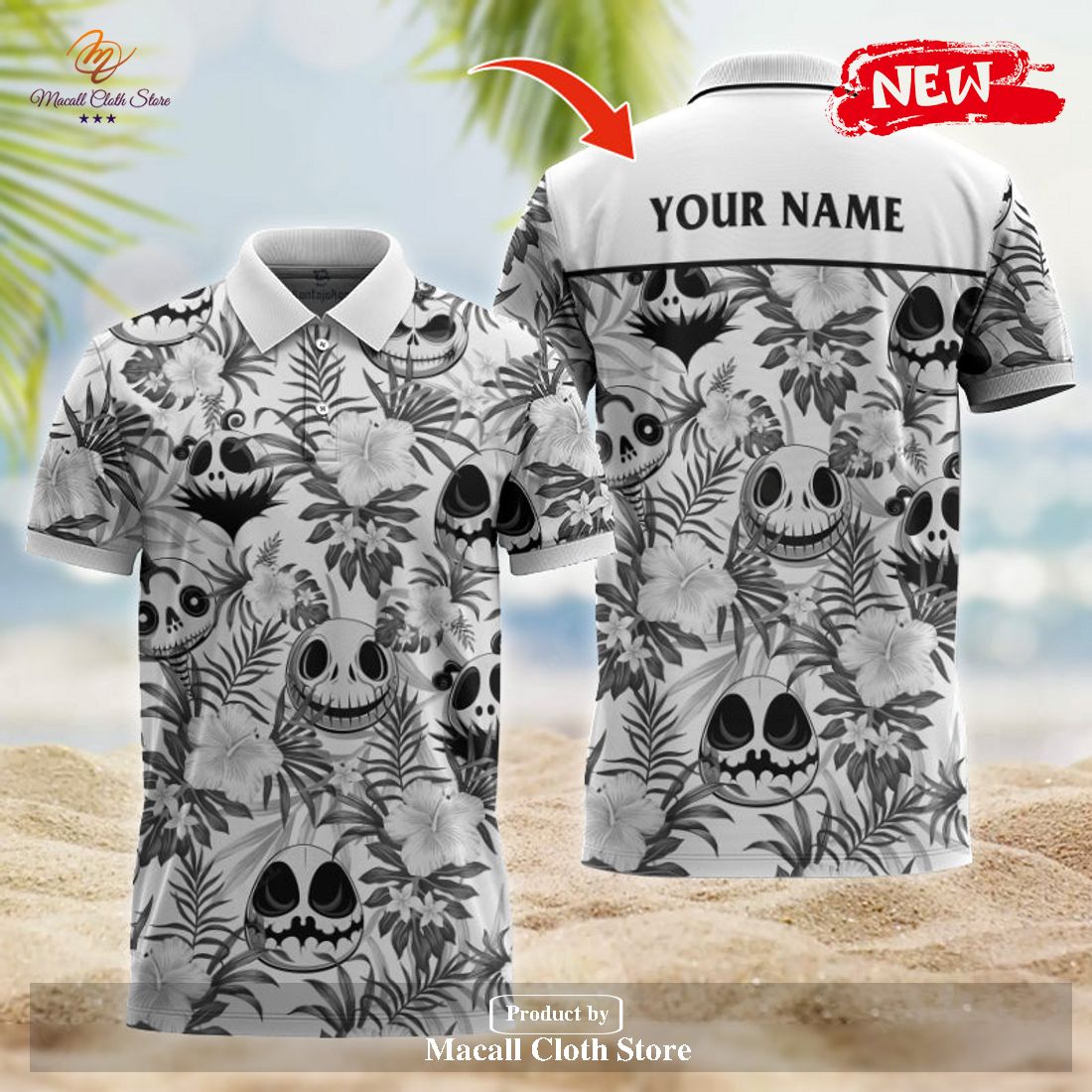 Personalized Name Flower Tropical Jack Skellington White Polo Shirt
