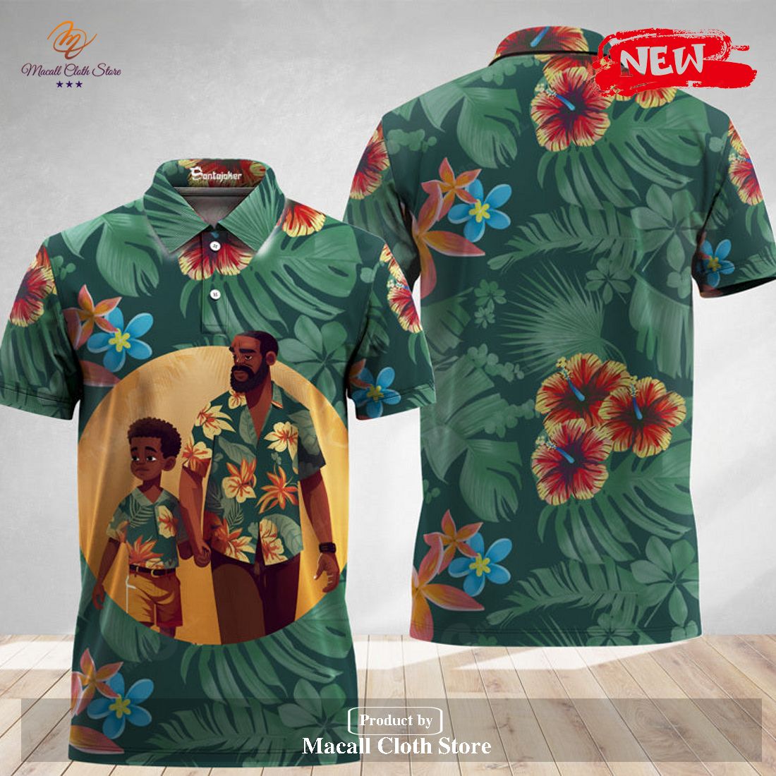 Tropical Flowers Black Dad And Son Green Polo Shirt Tropical Flowers Black Dad And Son Green Polo Shirt