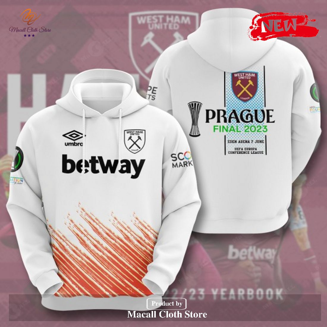 West Ham United London UEFA Prague Final 2023 Winners White Hoodie Sweatshirt 3D West Ham United London UEFA Prague Final 2023 Winners White Hoodie Sweatshirt 3D