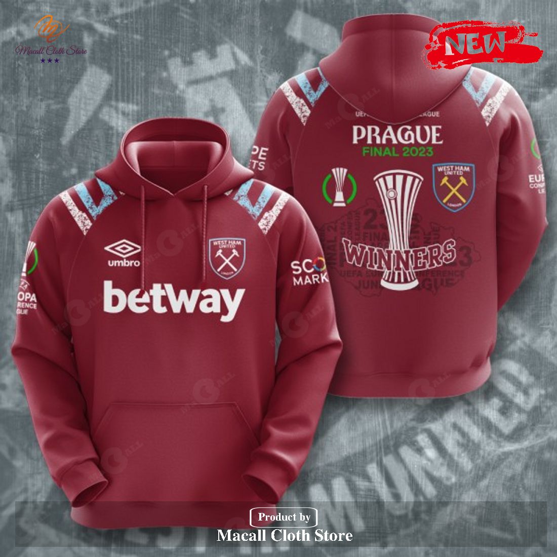 West Ham United Premium Prague Final 2023 Winners Red Hoodie Sweatshirt 3D West Ham United Premium Prague Final 2023 Winners Red Hoodie Sweatshirt 3D
