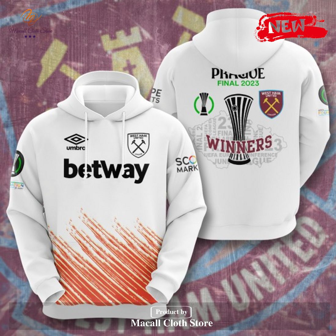West Ham United Prague Final 2023 Winners White Hoodie Sweatshirt 3D West Ham United Prague Final 2023 Winners White Hoodie Sweatshirt 3D