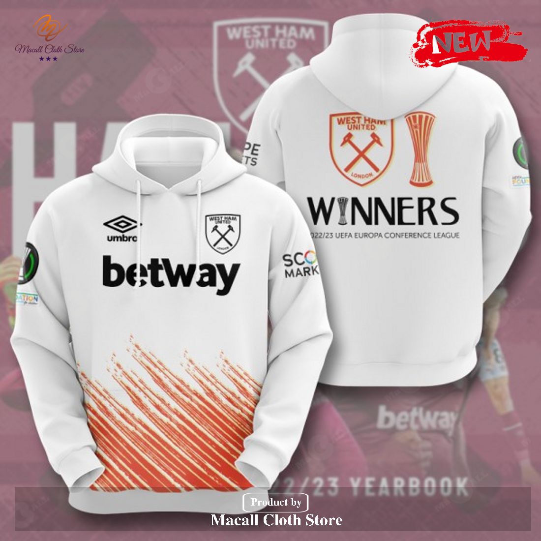 West Ham United Winners UEFA Europa Conference White Hoodie Sweatshirt 3D West Ham United Winners UEFA Europa Conference White Hoodie Sweatshirt 3D
