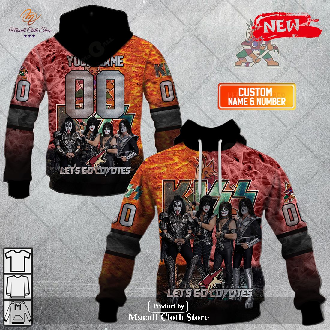 Personalized NHL Arizona Coyotes x Kiss Band V1 Design Hoodie Sweatshirt 3D