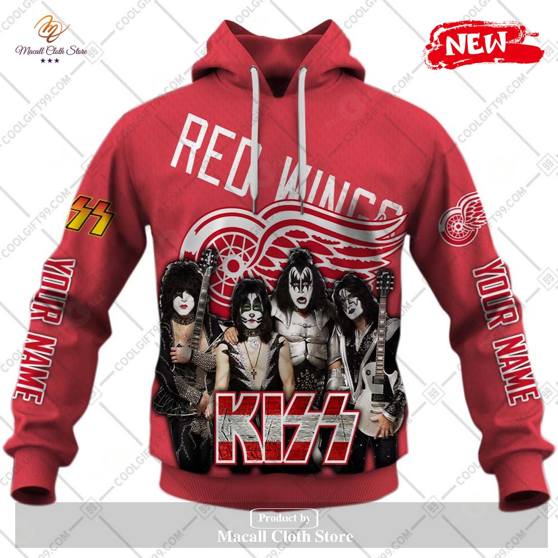 Personalized NHL Detroit Red Wings x Kiss Band V2 Design Hoodie Sweatshirt 3D