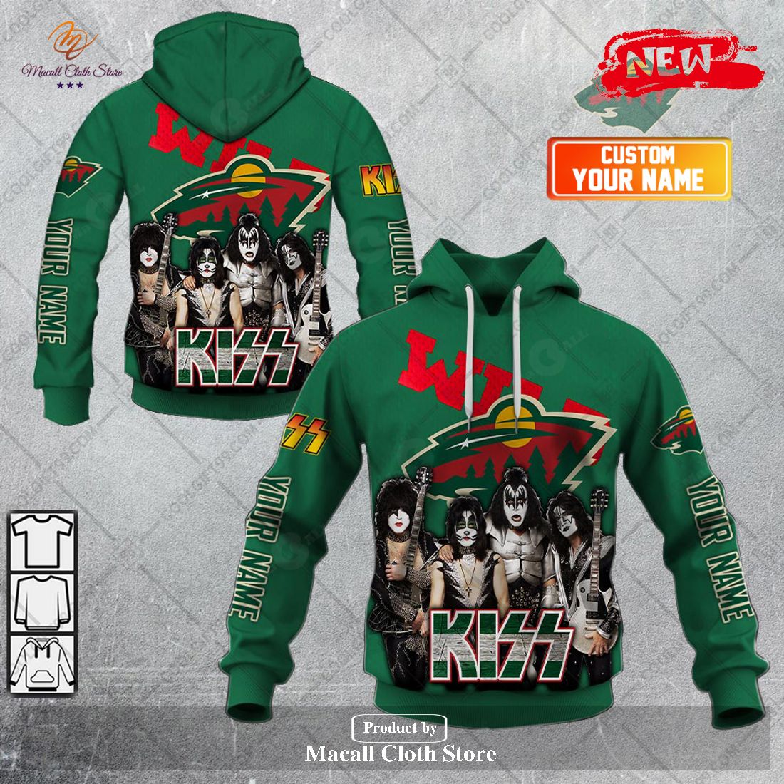 Personalized NHL Minnesota Wild x Kiss Band V2 Design Hoodie Sweatshirt 3D