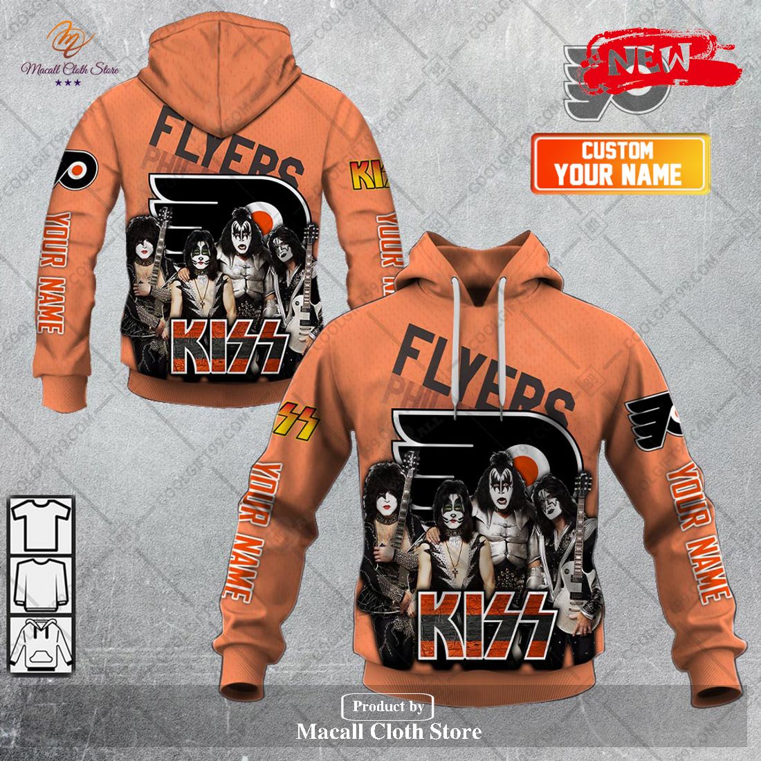 Personalized NHL Philadelphia Flyers x Kiss Band V2 Design Hoodie Sweatshirt 3D