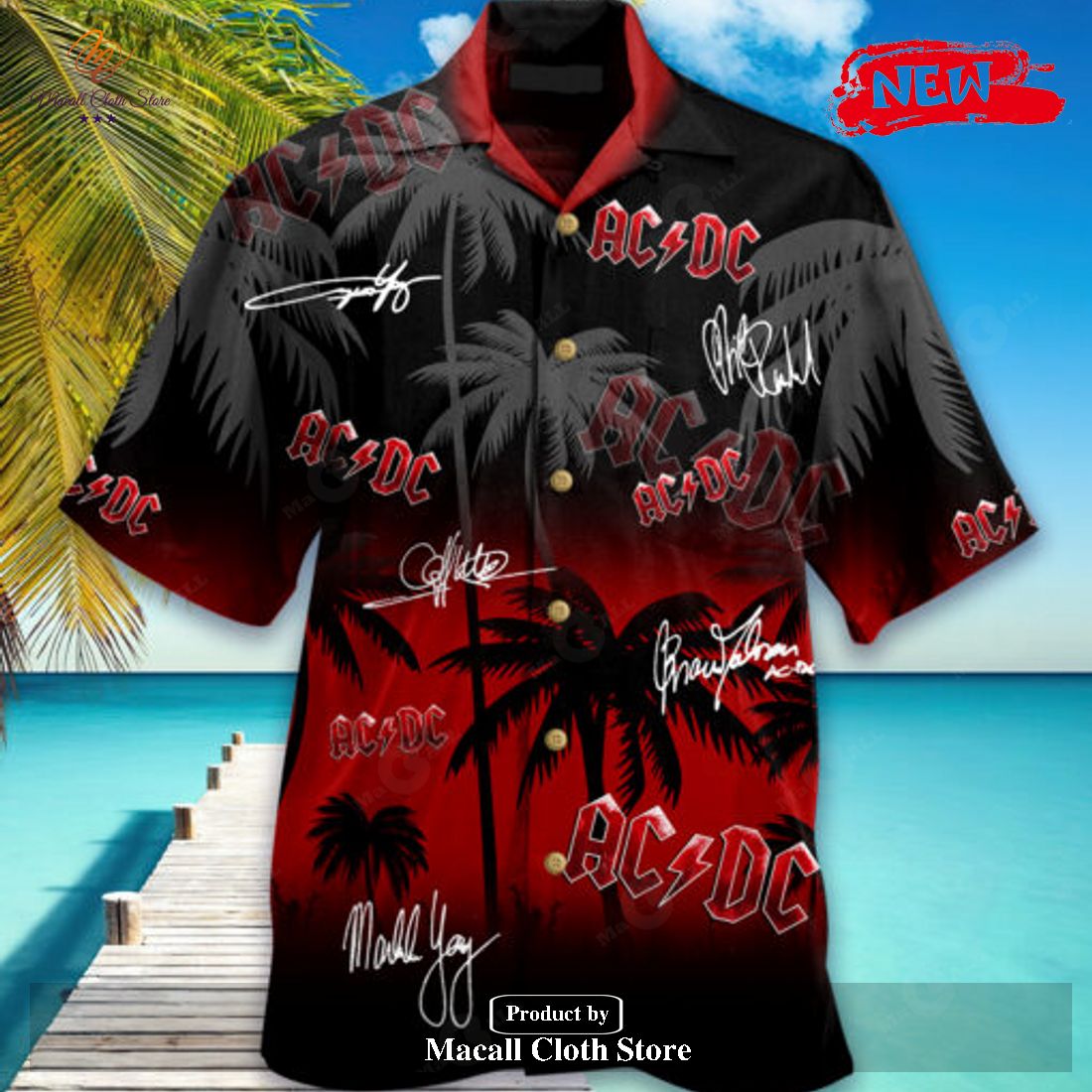 AC DC 50 Years Anniversary Coconut Tree Signatures Hawaiian Shirt