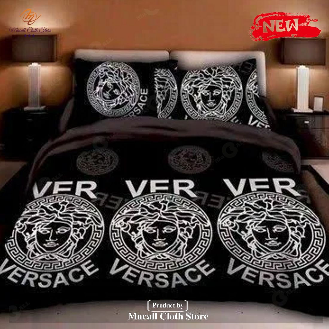 Best Versace 3 White Logos in Black Background Brand Bedding Set