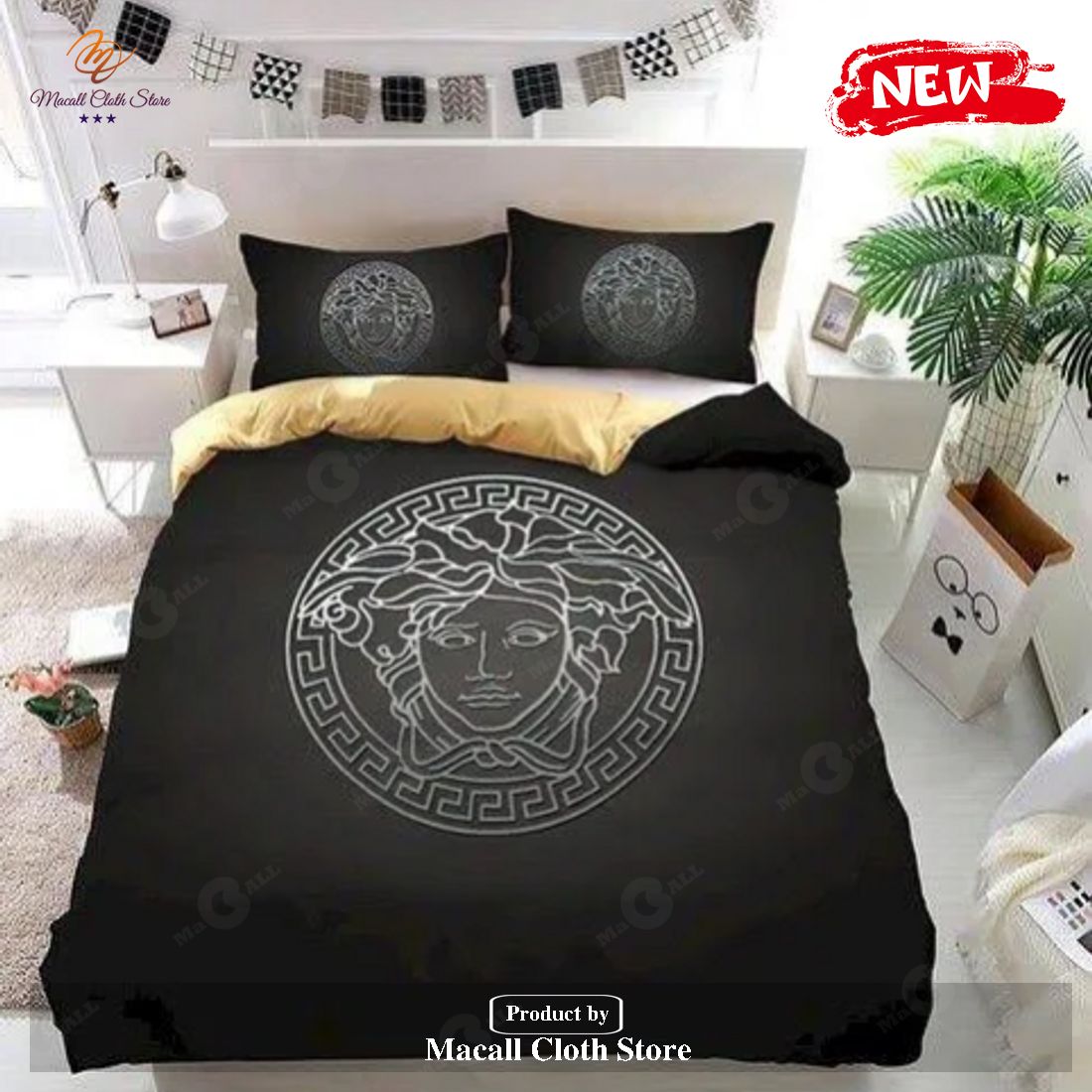 Best Versace Big Logo In Black Background Brand Bedding Set