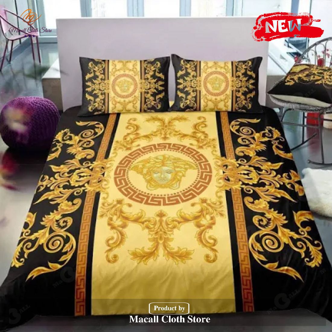 Best Versace Gold Logo With Flame Brand Bedding Set